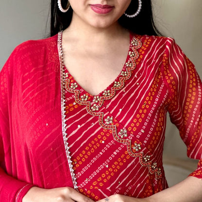 Red Anarkali Kurta Set With Angrakha Style For Women