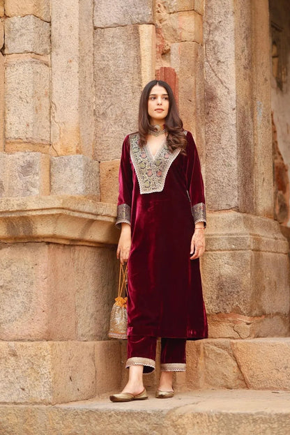 Premium Maroon Velvet Embroidered Kaftan Kurta Set