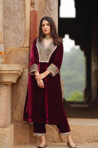 Premium Maroon Velvet Embroidered Kaftan Kurta Set