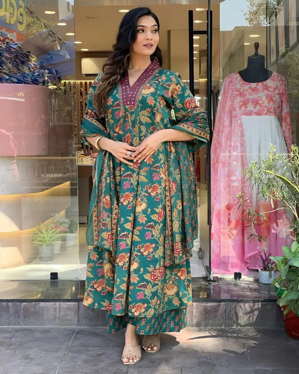 green floral printed cotton kurta and pant set with mulmul dupatta