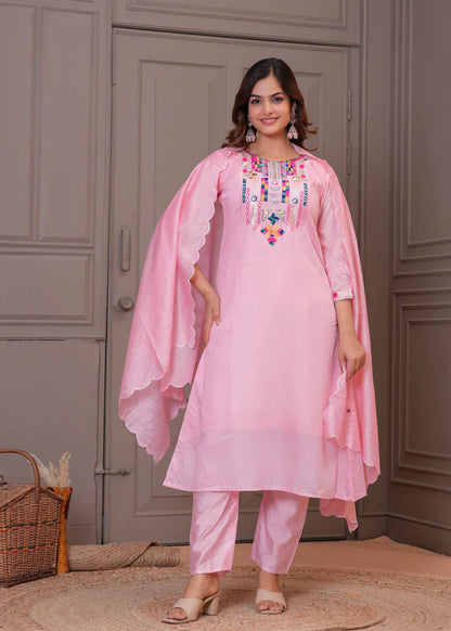Light Pink Embroidered Chanderi Kurta and Pant Set with Dupatta