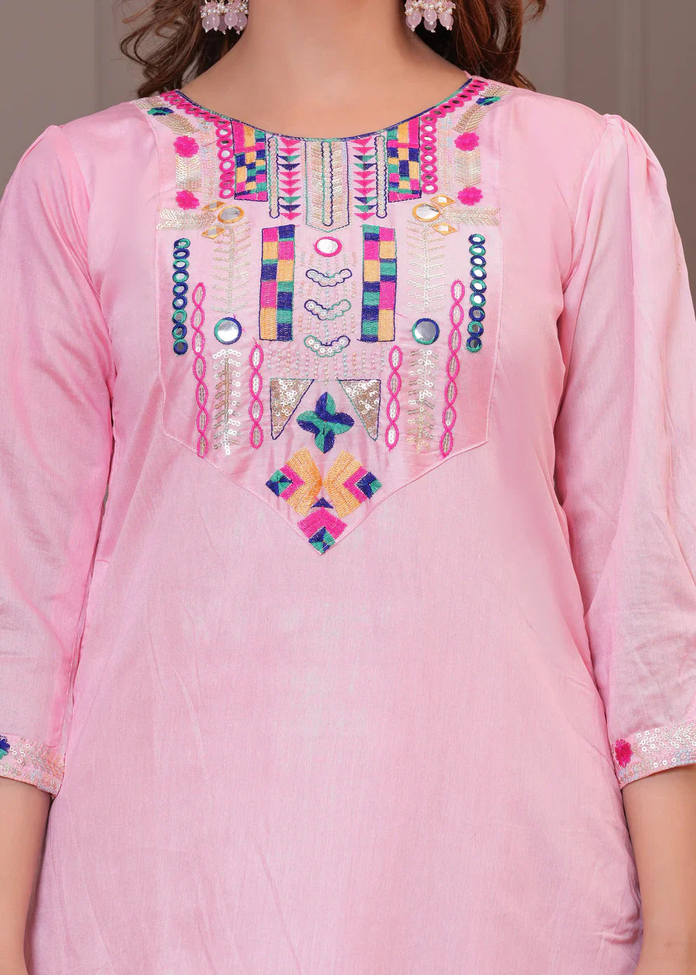 light pink embroidered chanderi kurta and pant set with dupatta