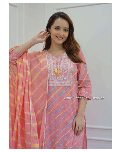 Pink Leheriya Cotton  Blend Embroidered Suit Set For Women