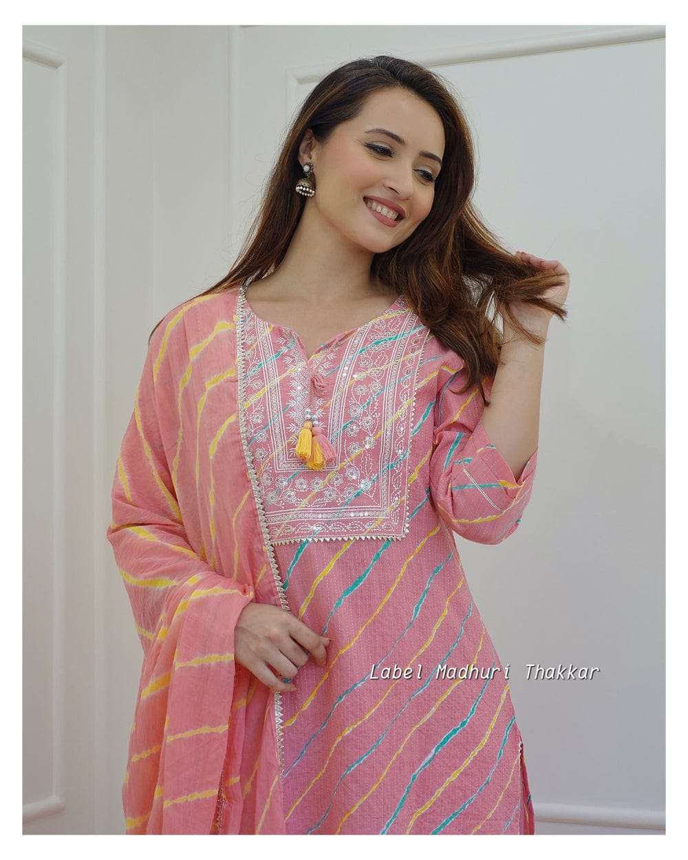 pink leheriya cotton  blend embroidered suit set for women