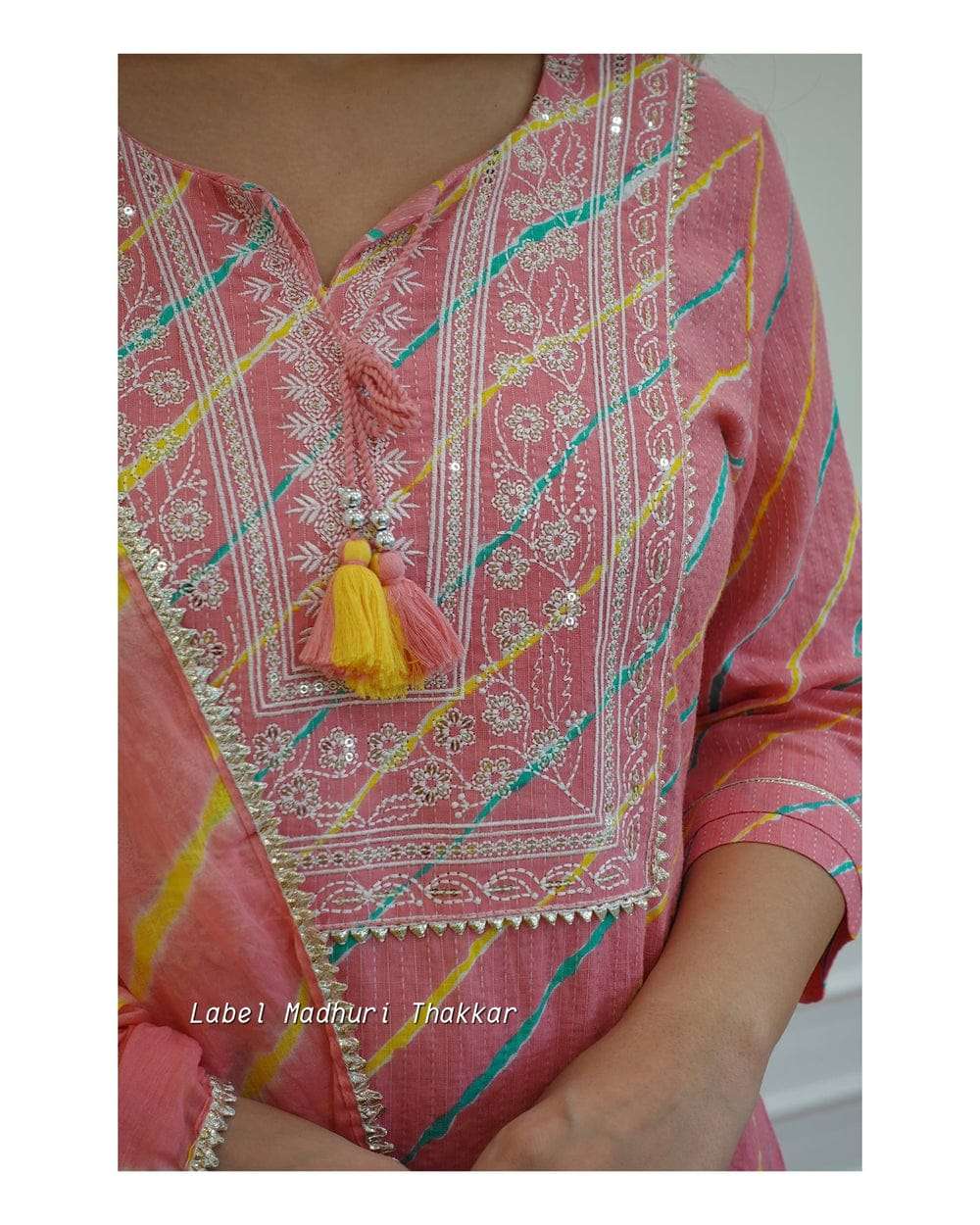 pink leheriya cotton  blend embroidered suit set for women