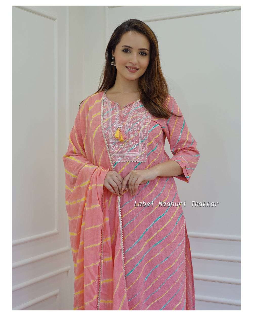 pink leheriya cotton  blend embroidered suit set for women