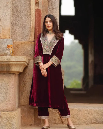 Premium Maroon Velvet Embroidered Kaftan Kurta Set