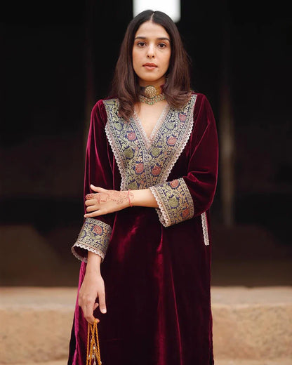 Premium Maroon Velvet Embroidered Kaftan Kurta Set