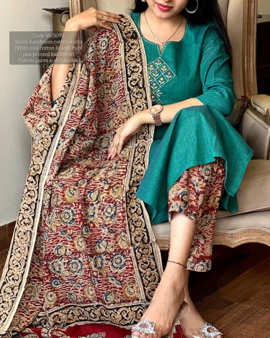 pure handloom south cotton hand printed chitrkari dupatta and pant