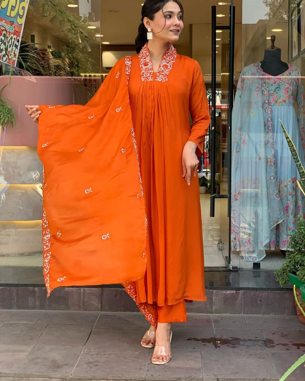 orange beautiful cotton fabric kurti pant with malmal dupatta