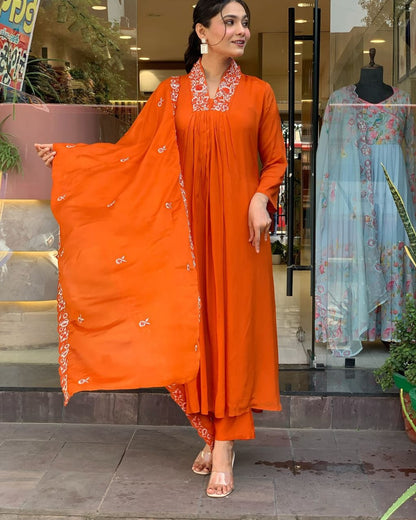 Orange Beautiful Cotton Fabric Kurti Pant With Malmal Dupatta