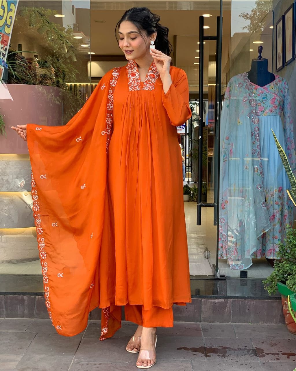 orange beautiful cotton fabric kurti pant with malmal dupatta