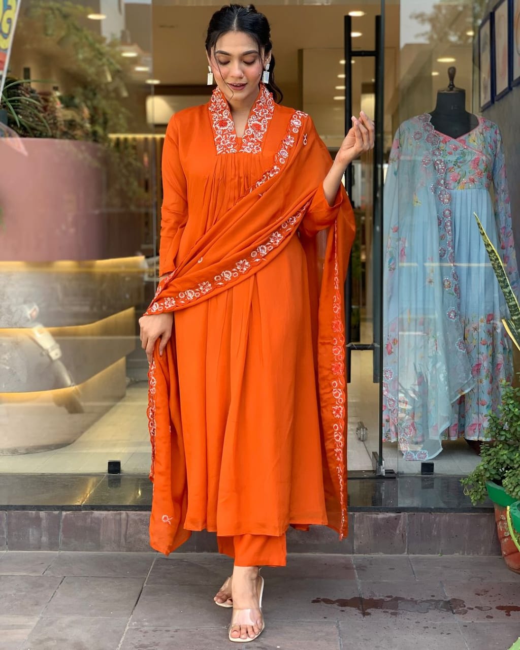 orange beautiful cotton fabric kurti pant with malmal dupatta