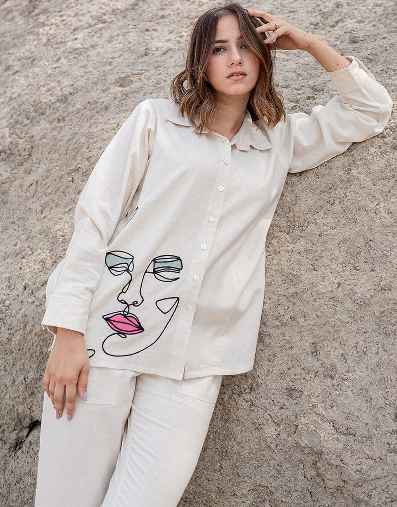 off white embroidered cotton flex co-ord set