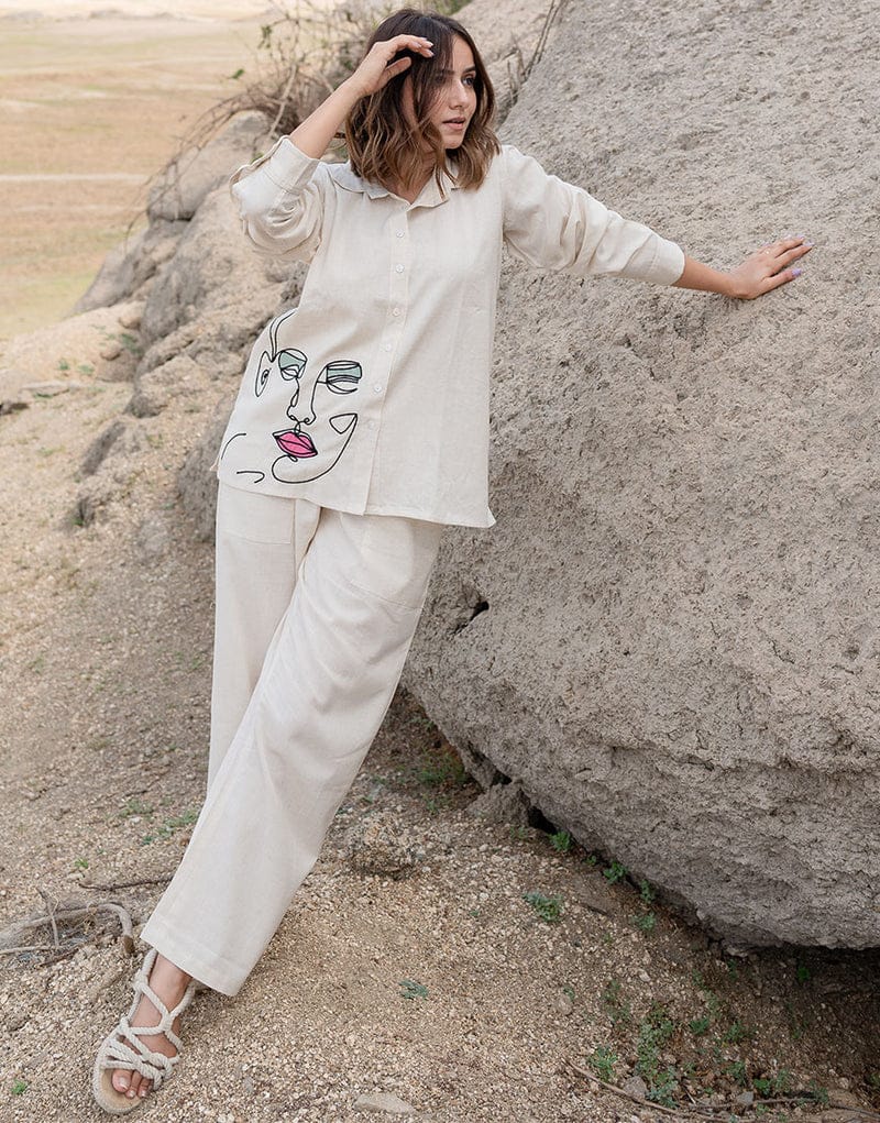 off white embroidered cotton flex co-ord set