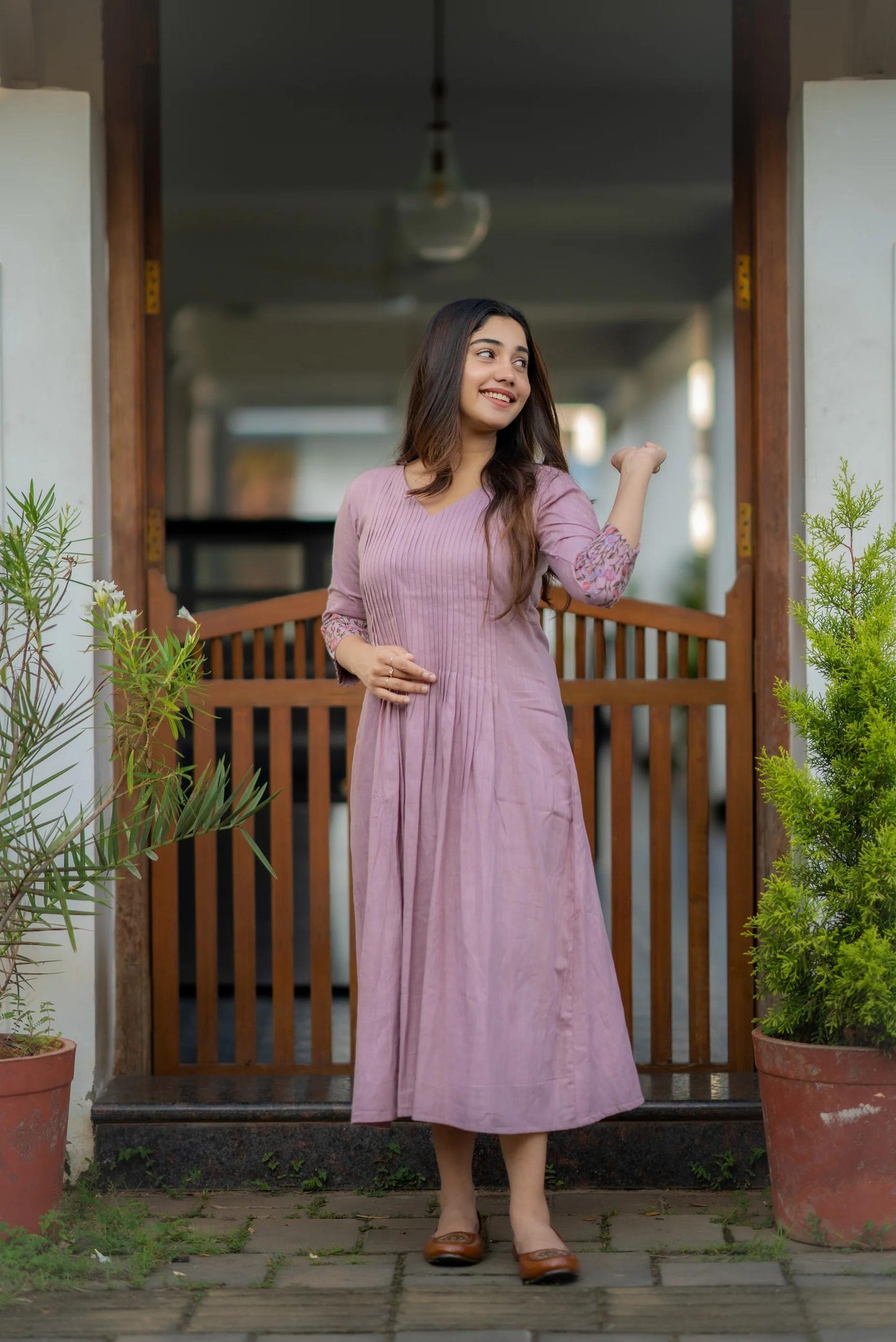 dusty lavender embroidered printx work cotton anarkali gown