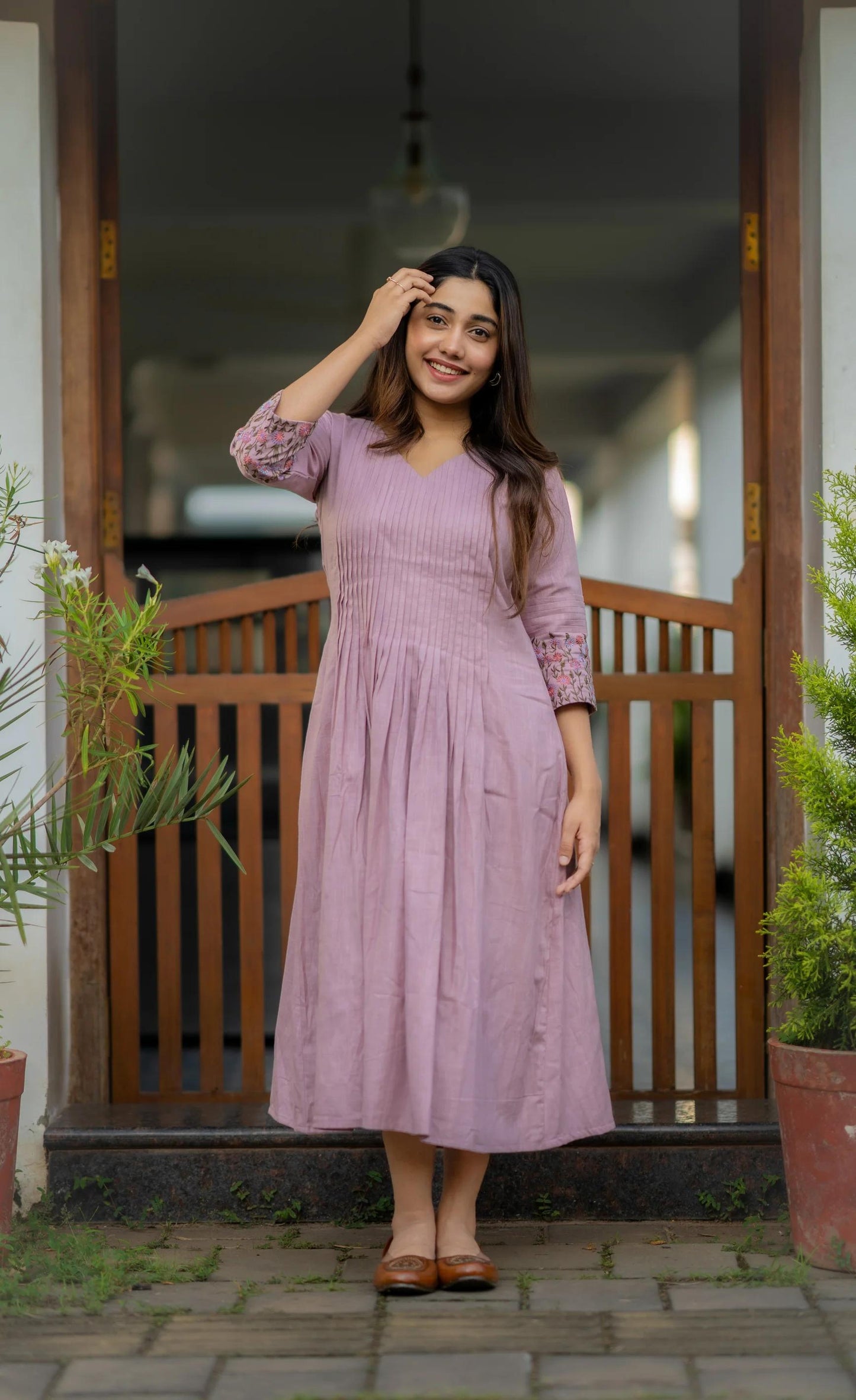 dusty lavender embroidered printx work cotton anarkali gown