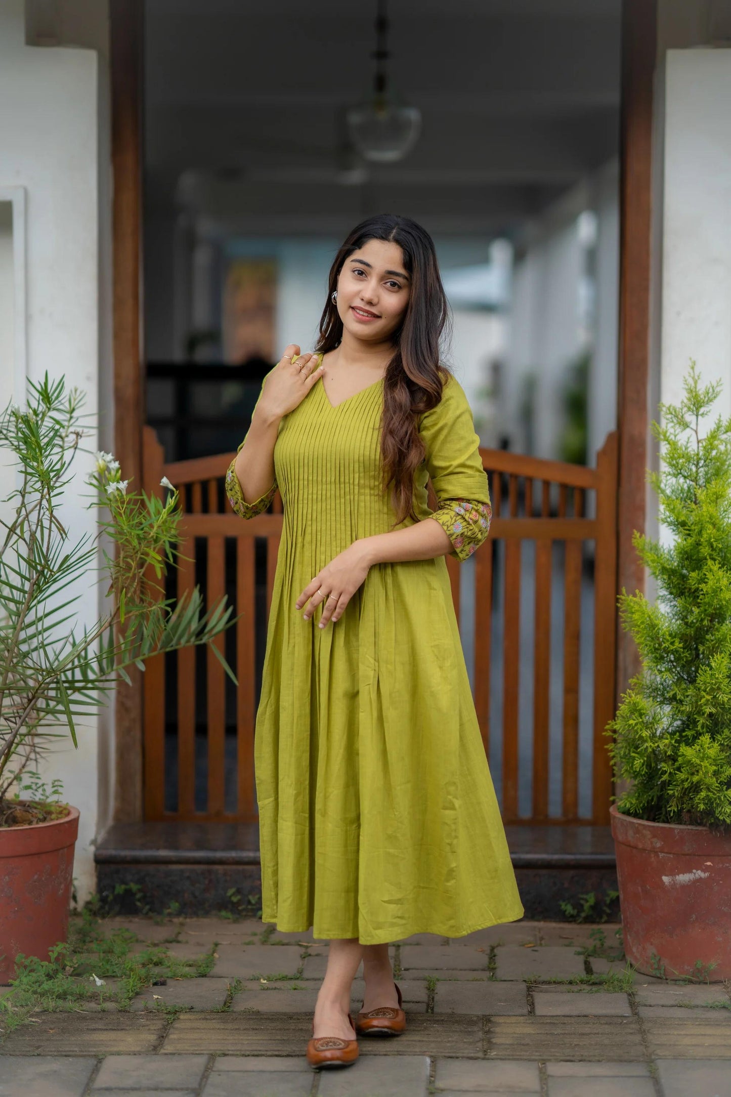 green embroidered printx work cotton anarkali gown