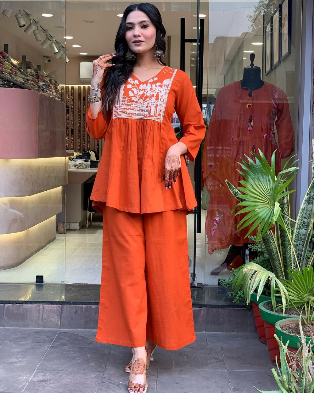 reddish orange embroidered cotton slub kurta and pant set
