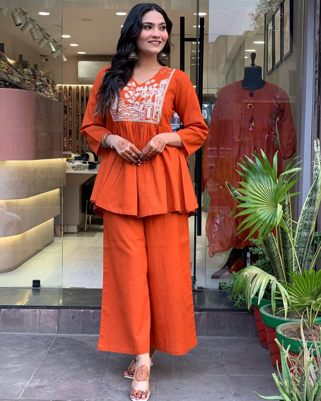 reddish orange embroidered cotton slub kurta and pant set