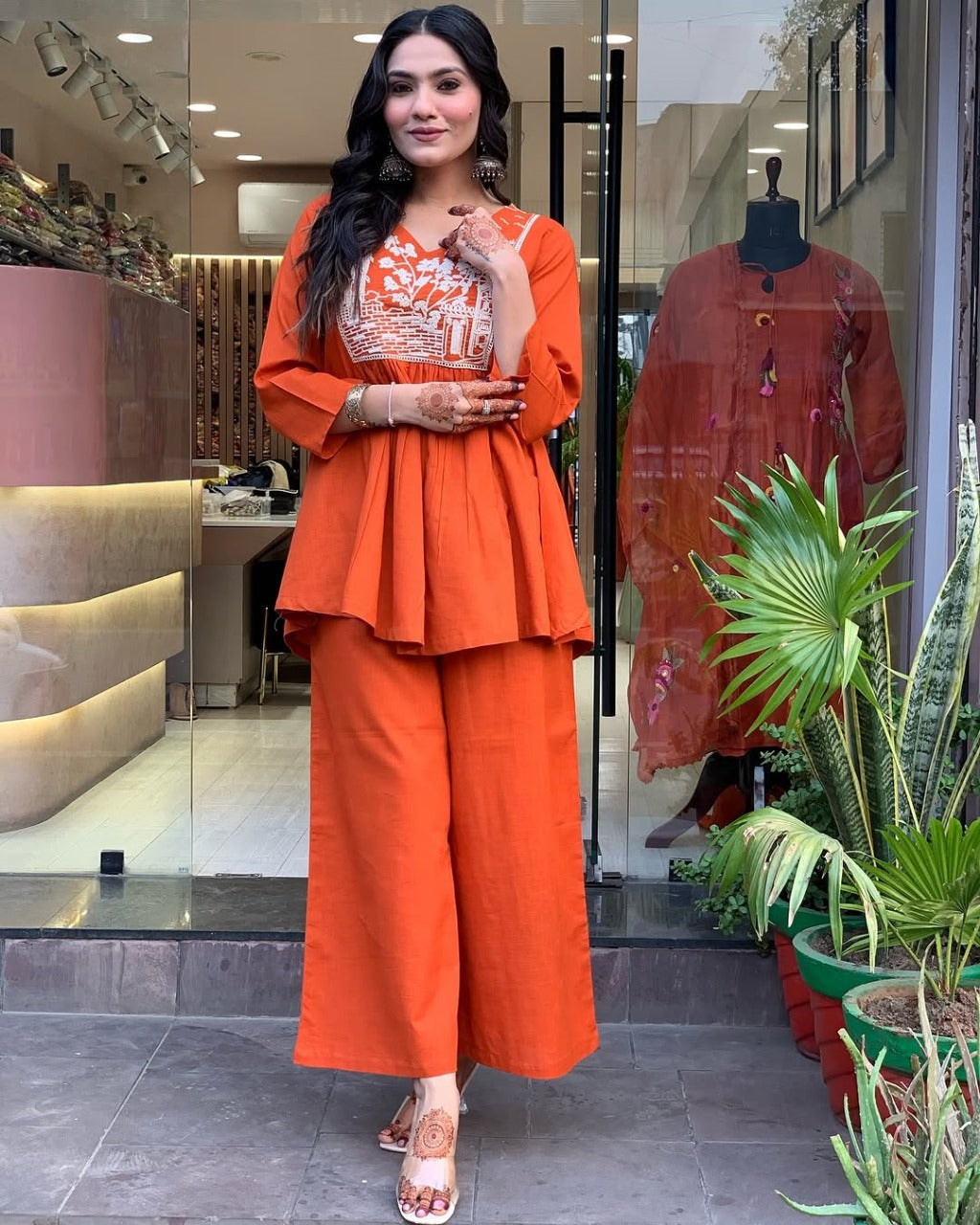 reddish orange embroidered cotton slub kurta and pant set