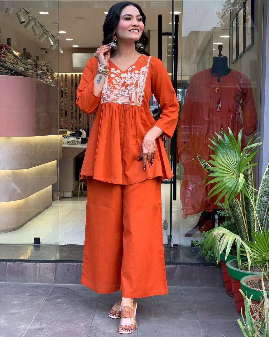 reddish orange embroidered cotton slub kurta and pant set
