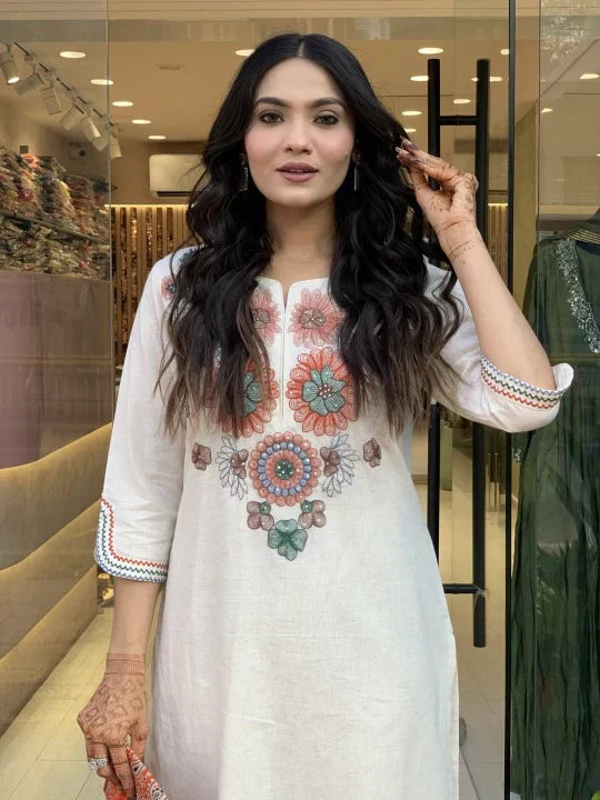 off white embroidered cotton flex kurta and pant set