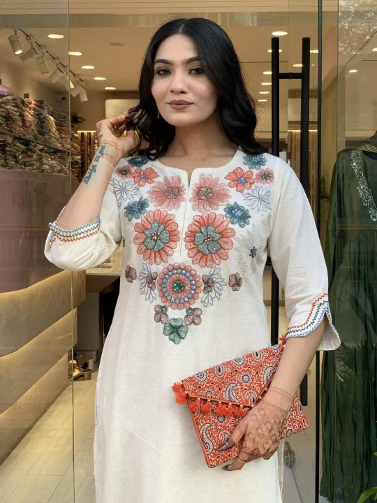 off white embroidered cotton flex kurta and pant set
