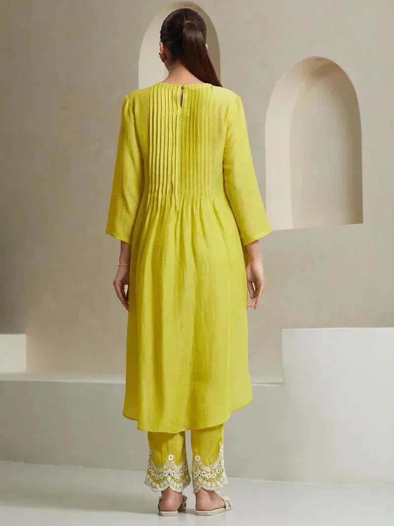 lemon yellow embroidered cotton kurta and pant set with dupatta