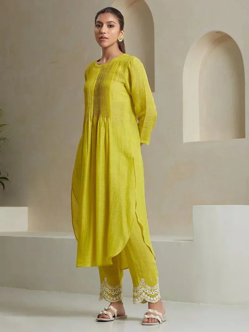 lemon yellow embroidered cotton kurta and pant set with dupatta