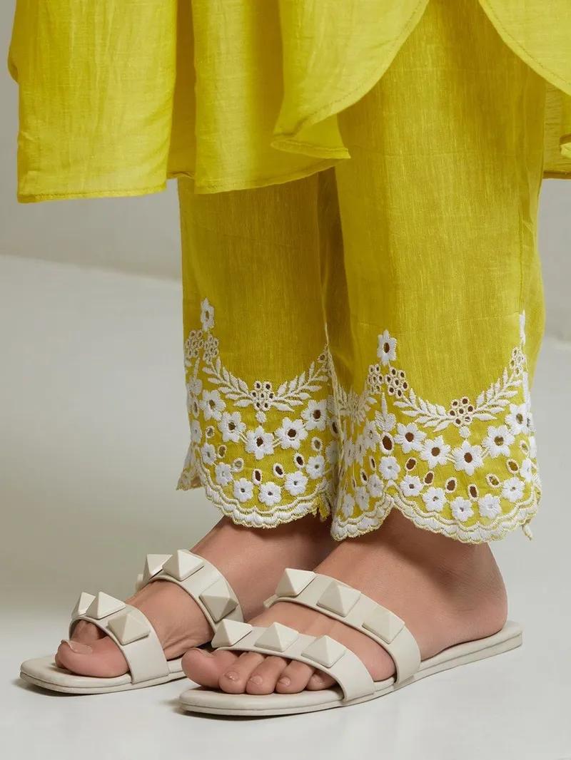 lemon yellow embroidered cotton kurta and pant set with dupatta