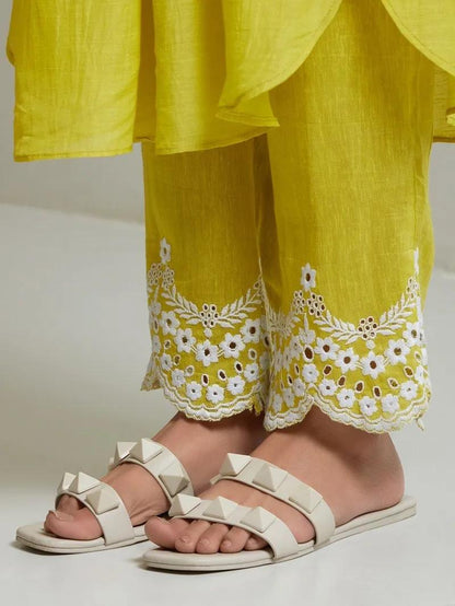 Lemon Yellow Embroidered Cotton Kurta and Pant Set with Dupatta
