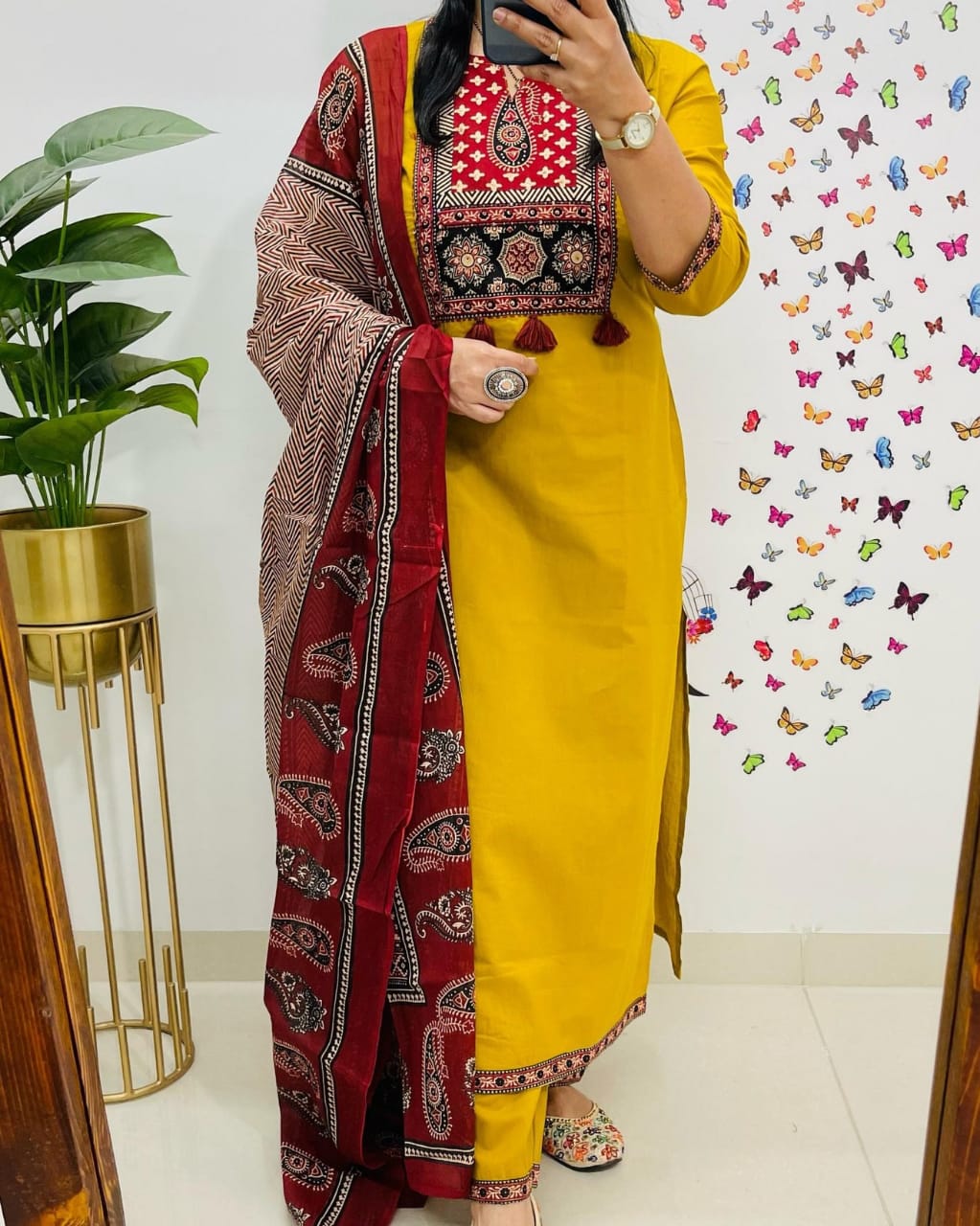 traditional mustard yellow kurta set with ajrak dupatta