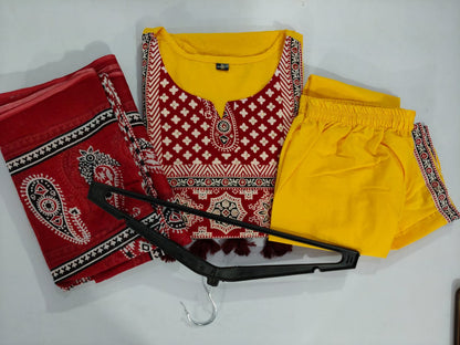 Traditional Mustard Yellow Kurta Set with Ajrak Dupatta