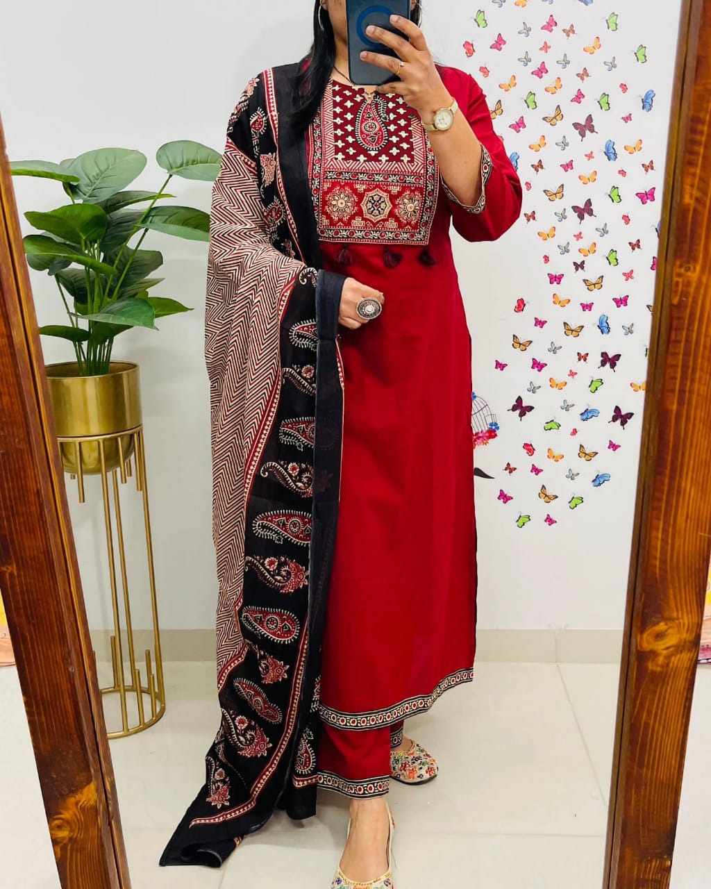 traditional red kurta set with ajrak dupatta