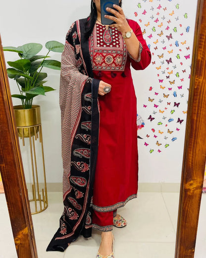 Traditional Red Kurta Set with Ajrak Dupatta