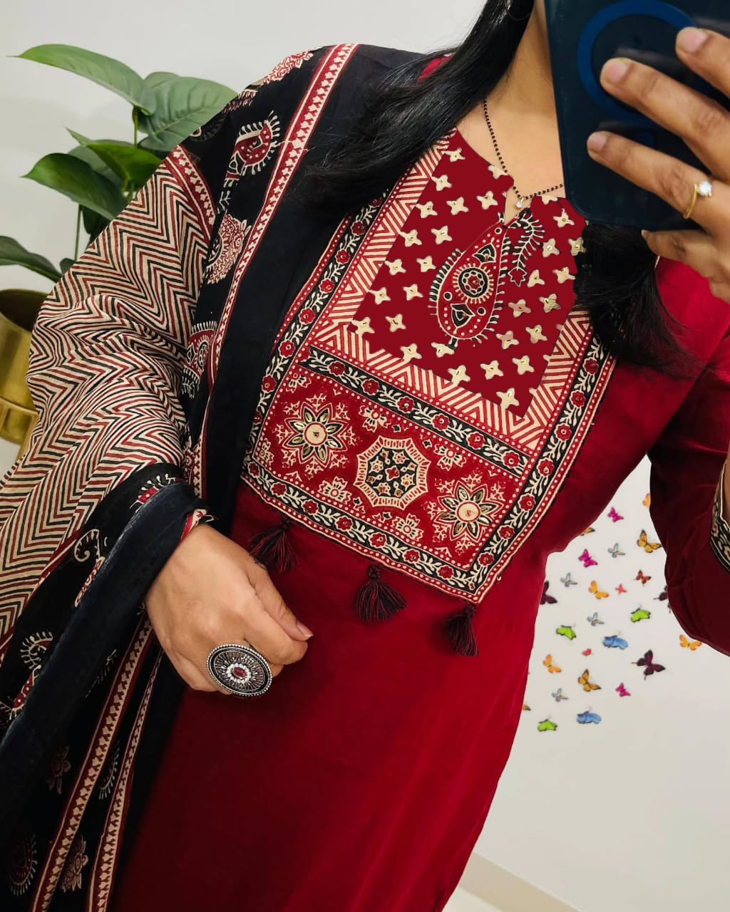 traditional red kurta set with ajrak dupatta