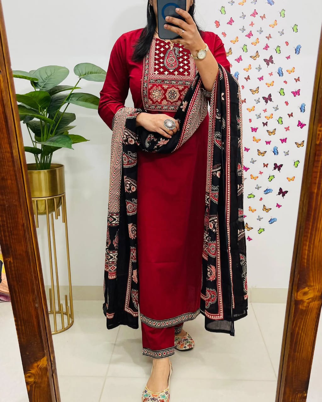 traditional red kurta set with ajrak dupatta