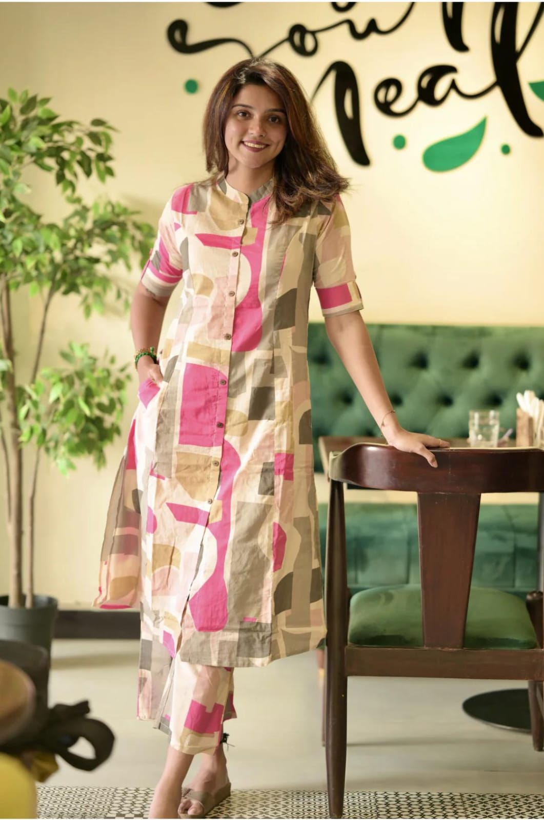 abstract print cotton kurta set with pants – modern co-ord style