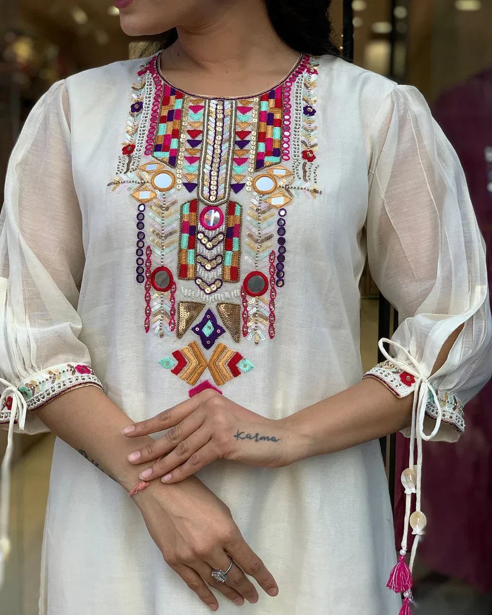 white embroidered chanderi kurta and pant set with dupatta