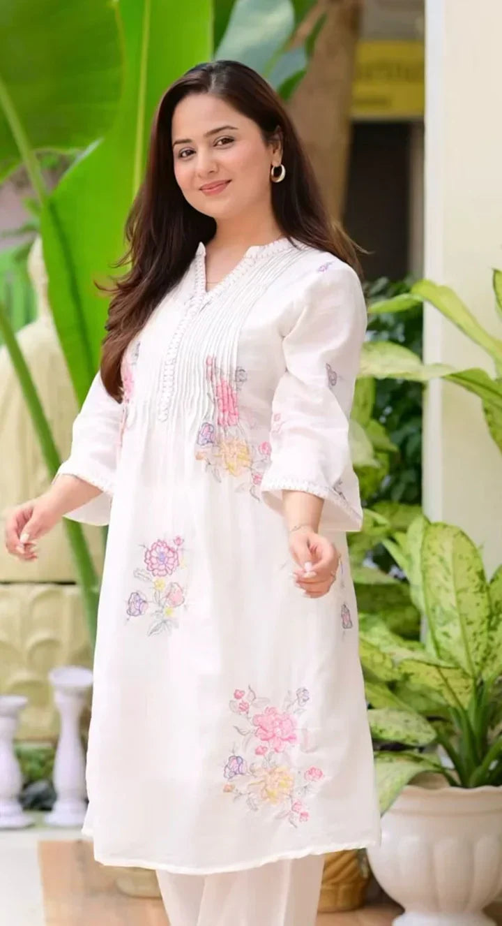 off white embroidered a-line kurta and pant set