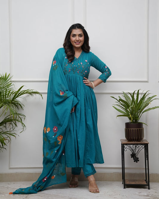 Elegant Teal Anarkali Set with Floral Embroidery