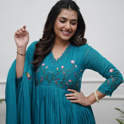 Elegant Teal Anarkali Set with Floral Embroidery