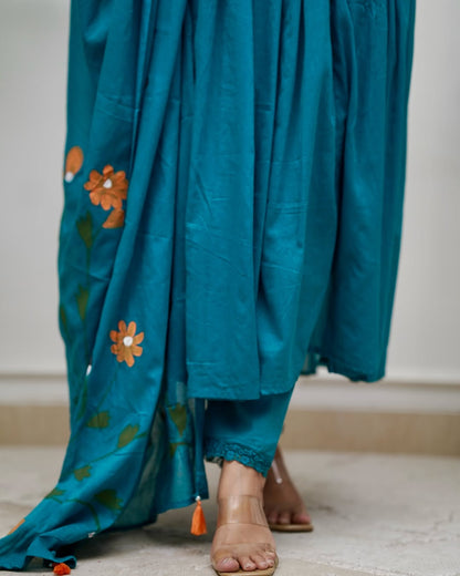 Elegant Teal Anarkali Set with Floral Embroidery