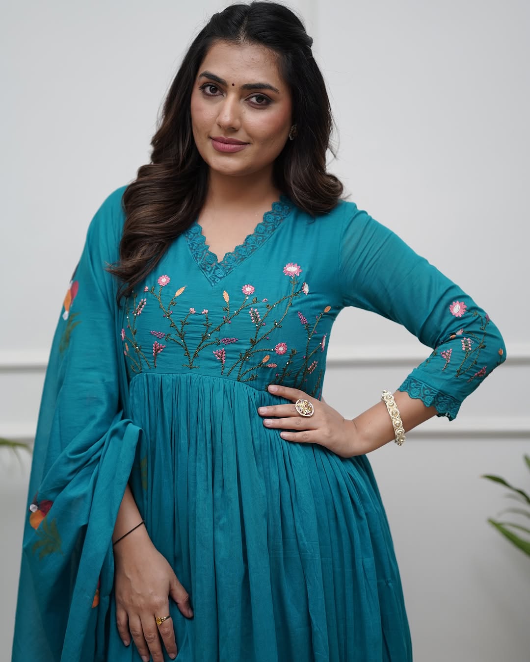 elegant teal anarkali set with floral embroidery