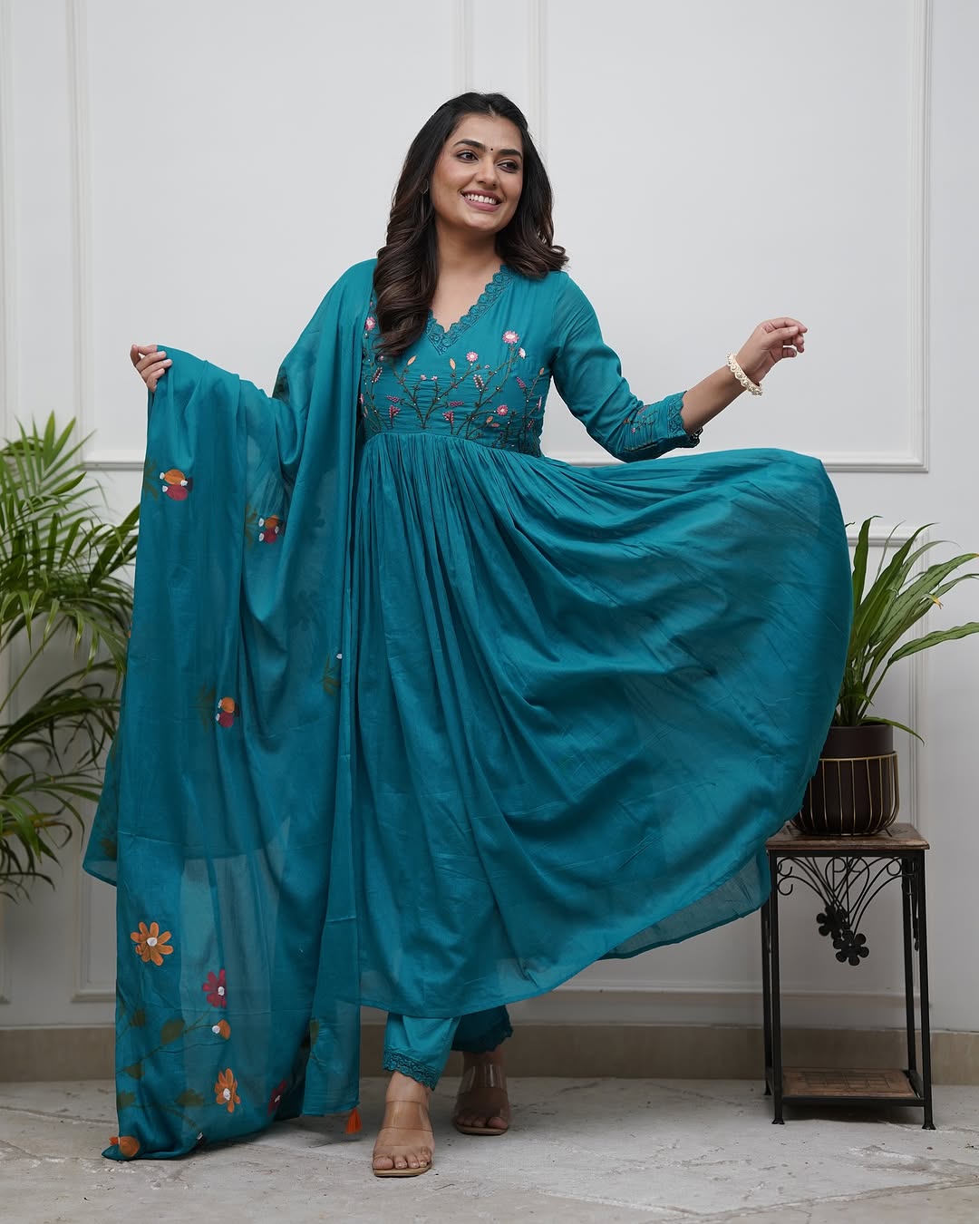 elegant teal anarkali set with floral embroidery