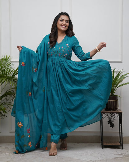 Elegant Teal Anarkali Set with Floral Embroidery