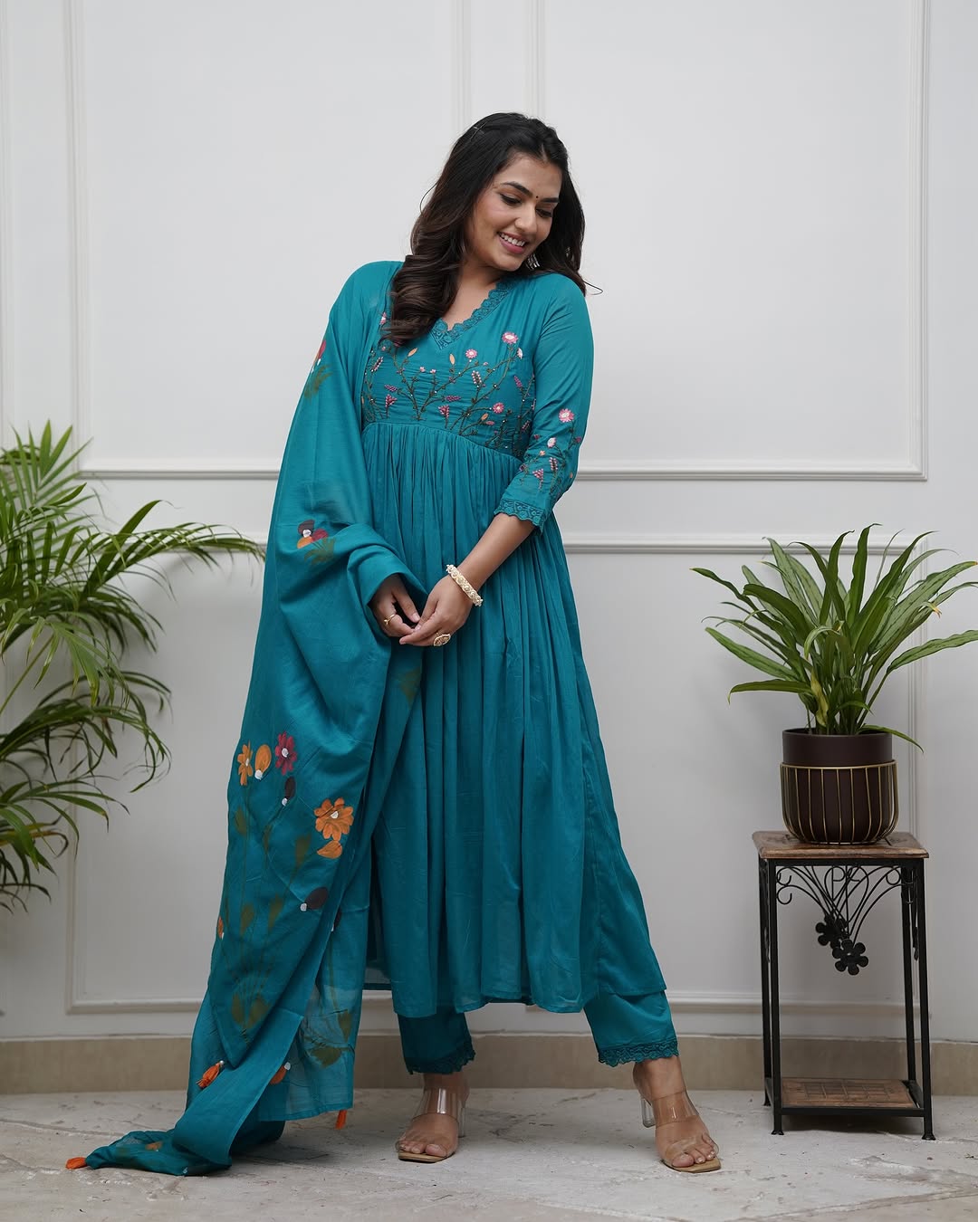 elegant teal anarkali set with floral embroidery