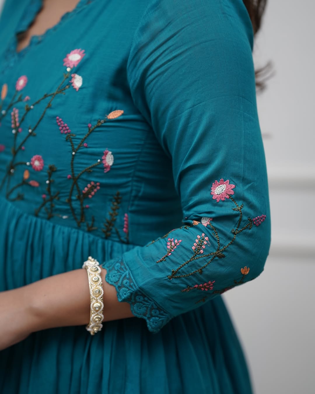 elegant teal anarkali set with floral embroidery
