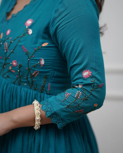 Elegant Teal Anarkali Set with Floral Embroidery